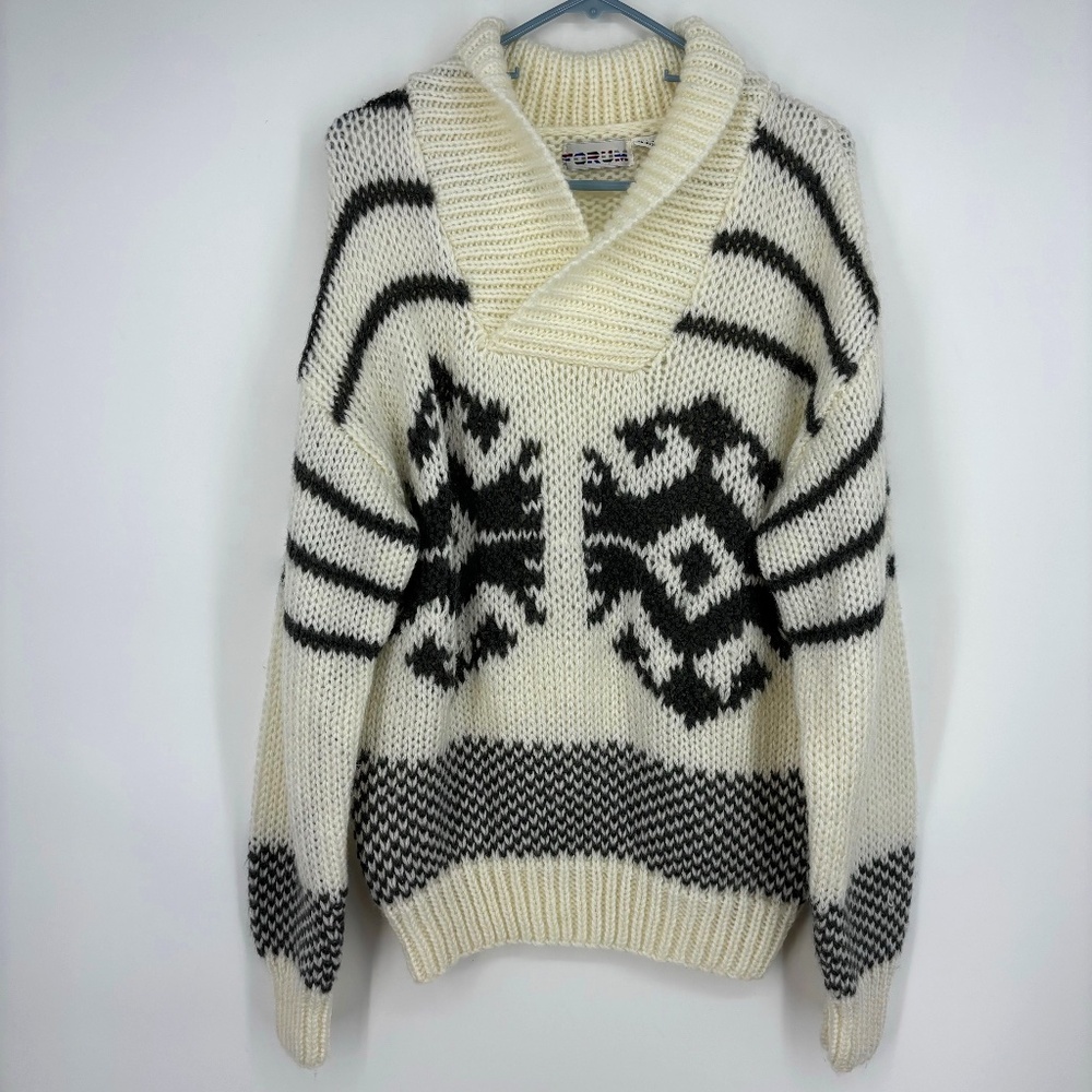 Forum Mens Large Pullover Chunky Sweater Ivory Gray Pattern Shawl Collar Vintage
